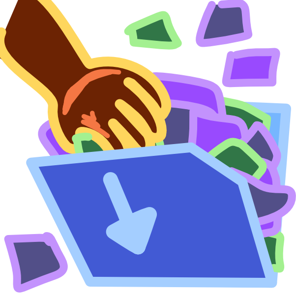 a blue folder with an arrow pointing down on it is over filled with scraps of purple and green colored paper. More scraps are scattered around the folder, and a brown hand with yellow line art is holding a green scrap and attempts to cram it into the folder. The image has light line art.